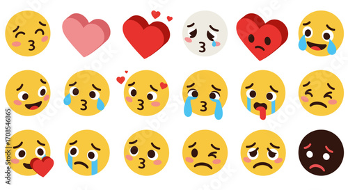 Emotional emoji set: heart, sad, and crying faces with kissing expressions