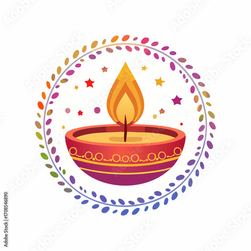 A glowing clay lamp (diya) placed at the center of a colorful rangoli circle, symbolizing Diwali and positivity.