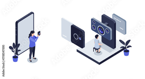 Isometric smartphone design concept with camera module and user interaction