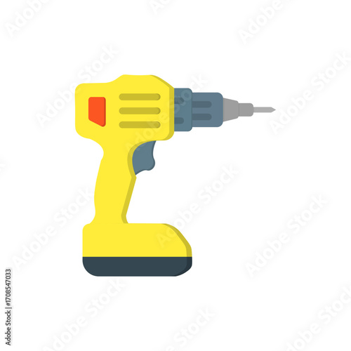 Cordless yellow and black electric drill with a battery is isolated on a white background