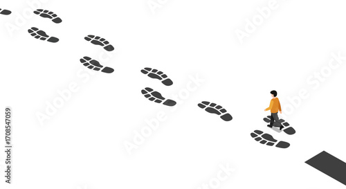 Isometric concept of man following footsteps for guidance and direction