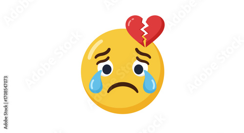 Heartbroken emoji with tears and cracked heart symbol on white background