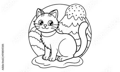 Snowball Cat, kids line art doodle pattern design t shirt design silhouette and vector, detailed illustration, perfect for relaxation, stress relief, adult coloring books, printable art therapy.