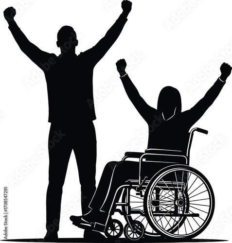 Black silhouette of standing person and wheelchair user raising arms in celebration, symbolizing inclusion, empowerment, diversity, and shared achievement concept illustration