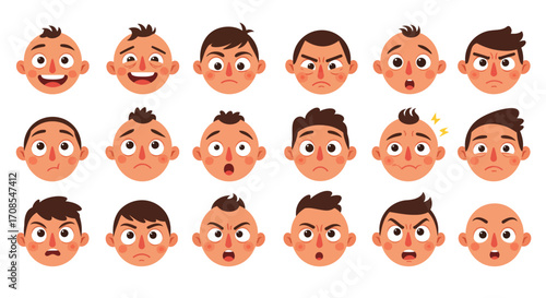 Cartoon expressions of young boys with different hairstyles and emotions