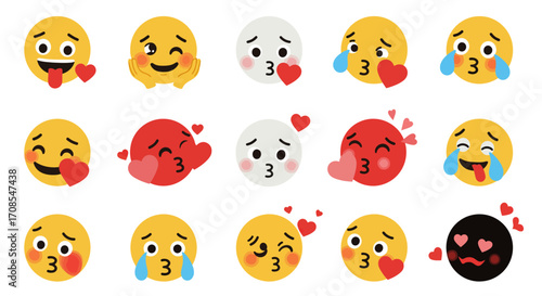 Colorful emoji set featuring heart, kiss, and teary expressions in flat design