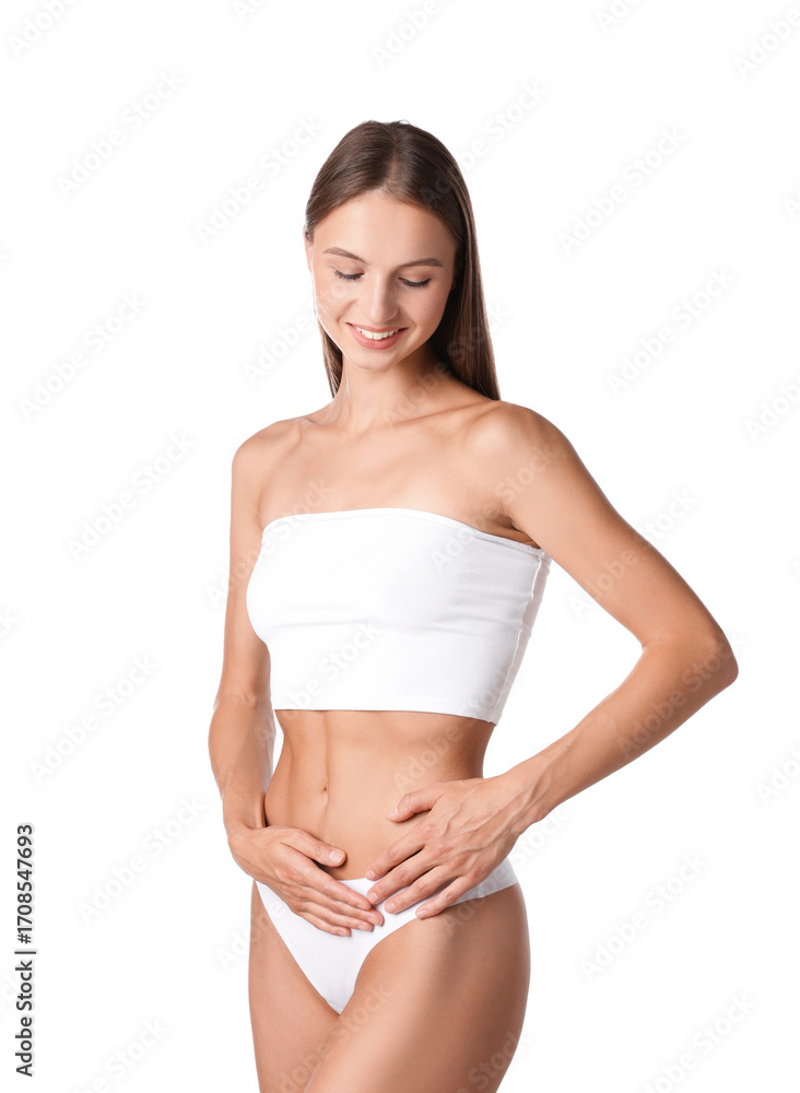 Fototapeta premium Woman with flat belly on white background