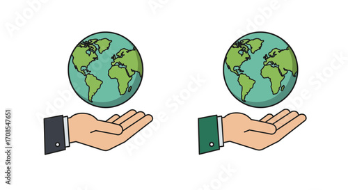 Hands holding earth icons: environmental responsibility symbol in cartoon style