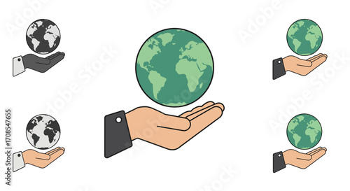 Hands holding earth: environmental sustainability and protection icons