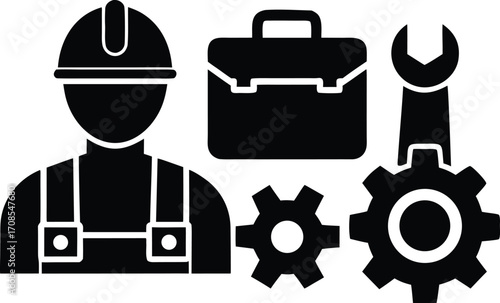 Factory worker gear toolbox bolt and wrench vector illustration for industrial professions