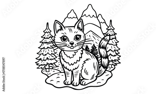 Snowball Cat, kids line art doodle pattern design t shirt design silhouette and vector, detailed illustration, perfect for relaxation, stress relief, adult coloring books, printable art therapy.