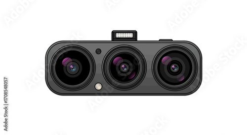 Modern triple lens camera icon with flash on white background