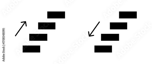 Stairs up and stairs down symbol set. Stairs icon upward, downward, isolated vector illustration set.