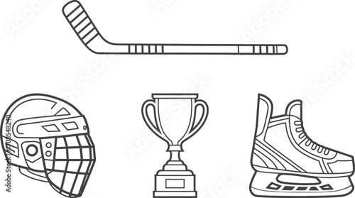 Hand drawn hockey equipment and trophy illustration on white background