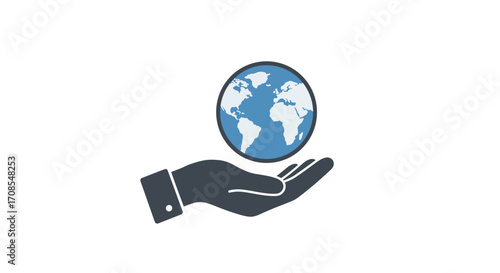 Minimalist hand holding globe icon representing global care and support