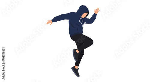 Jumping person in hoodie depicting energy and movement