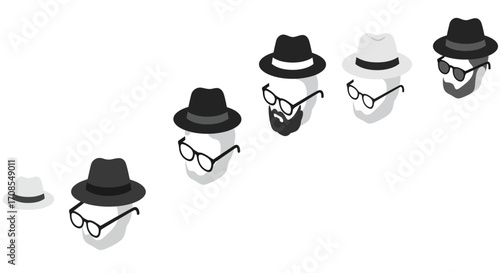 Evolution of hats: monochrome isometric headwear progression