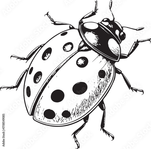 Lady beetle (ladybug) Farm Insect Vector Illustration, Sketch Drawing Line Linear Symbol Icon Engraving Coloring Book, Hand-drawn Doodle Black and White Isolated
