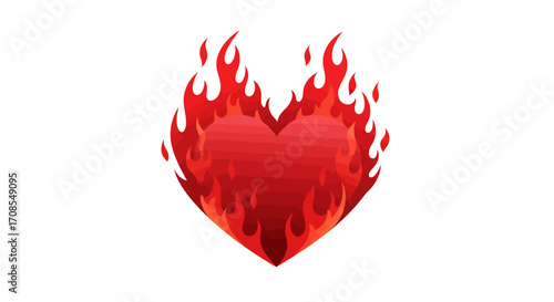 Fiery heart with flaming design on white background
