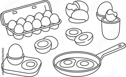 Collection of hand drawn eggs in various forms and preparations