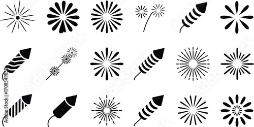Collection of festive fireworks and rockets for celebrations and holidays