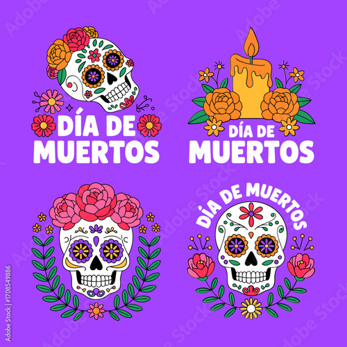 Dia de Muertos poster duo, sugar skull with crown, candle altar scene, floral wreath, holiday greeting, purple vector