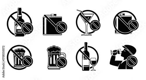 Collection of prohibition signs for alcoholic beverages, showing no drinking policies.
