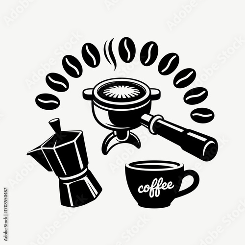 Coffee Maker with Beans and Cup Silhouette Vector