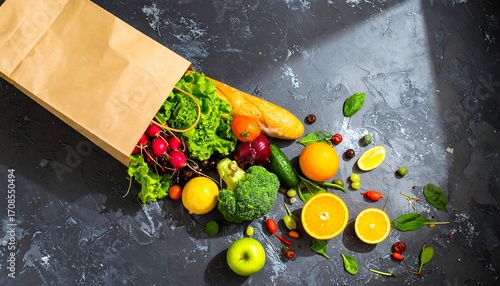 Fresh groceries spilling from a paper bag on a dark surface.