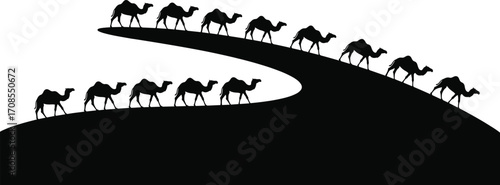 Camel caravan desert silhouette vector illustration, nomadic animals walking on sand dunes, traditional Middle Eastern travel scene for cultural artwork design