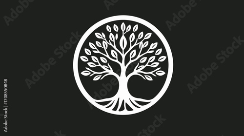A stylized, white tree of life emblem, encircled by leaves and roots, on a dark background.