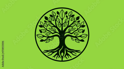 Silhouette of a stylized tree with roots and leaves, enclosed in a circle, against a light green background.