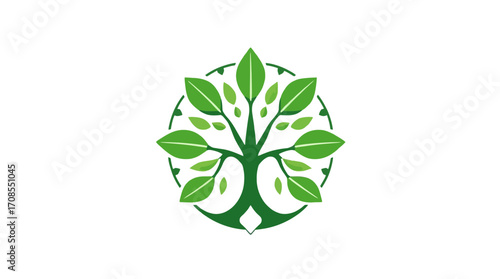 Stylized tree illustration with green leaves arranged in a circular pattern, representing growth and nature.