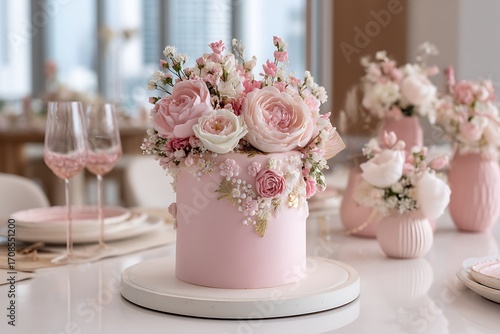 A sweet pastel pink birthday theme with a smooth fondant-covered cake surrounded by soft floral accents and minimalistic decor