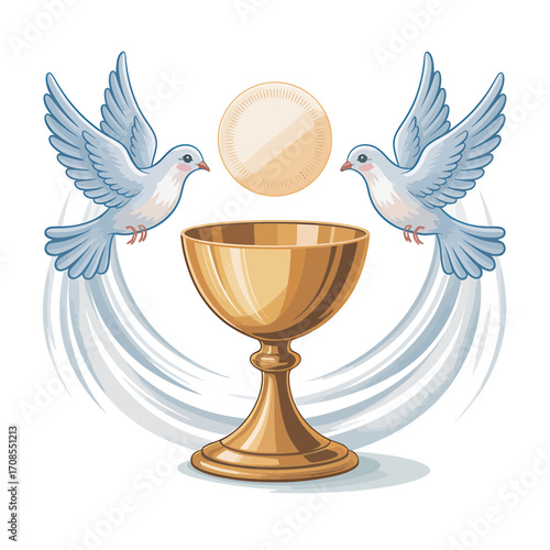 Golden Chalice with Holy Eucharist and White Doves Vector Illustration