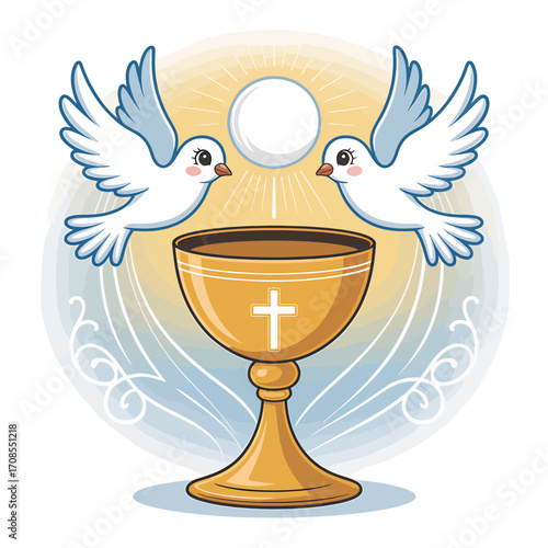 Golden Chalice with Cross, Holy Eucharist and Doves Vector Illustration