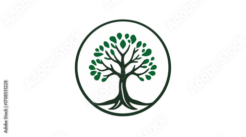 Stylized tree with green leaves and brown trunk inside a circular frame, centered on a white background.