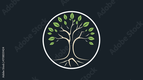Illustration of a stylized tree with leaves and roots, enclosed in a white circle against a dark background.