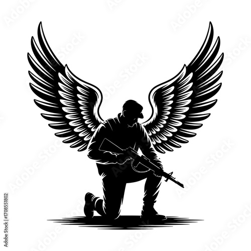 Kneeling Warrior Angel Soldier with Wings and Gun Vector Illustration