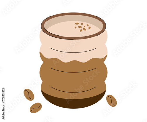 Cup of coffee with milk foam and coffee beans around.