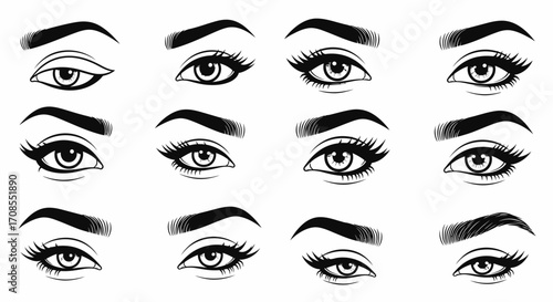 Collection of diverse eye shapes and makeup styles, showcasing beauty and fashion.