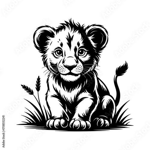 Baby Lion Cub Sitting on Grass Silhouette Vector