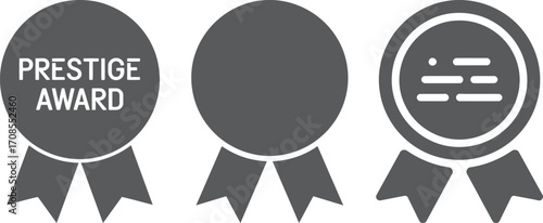 Three stylized award ribbons with one showing the words prestige award