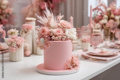 A sweet pastel pink birthday theme with a smooth fondant-covered cake surrounded by soft floral accents and minimalistic decor