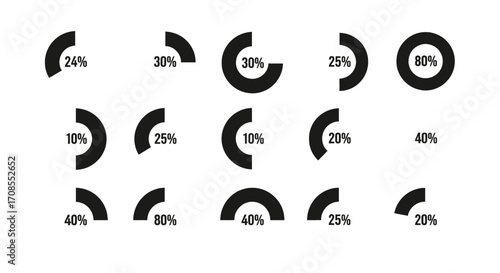 Collection of circular progress indicators and percentage icons on a white background
