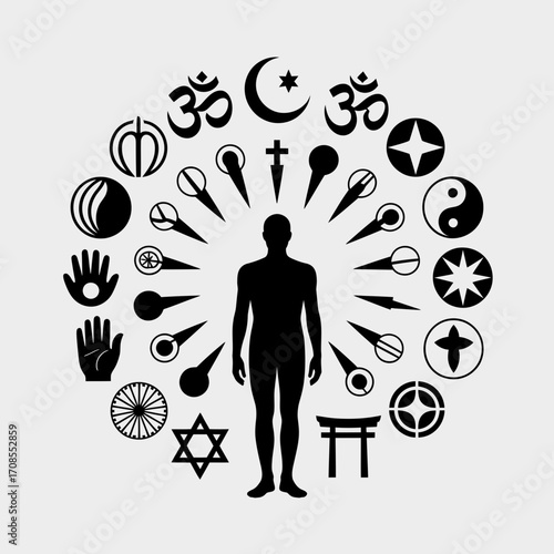 Human Silhouette Surrounded by Spiritual and Religious Symbols Illustration