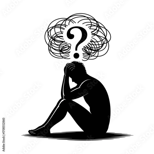 Depressed Person Sitting with Confused Thoughts Silhouette Vector