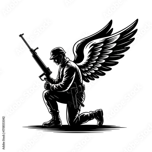 Kneeling Soldier with Angel Wings and Rifle Illustration
