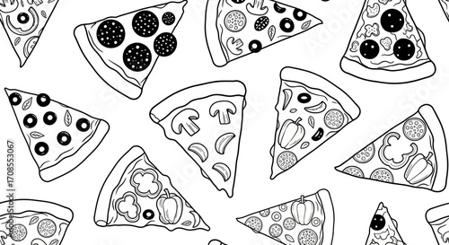 Delicious pizza slices illustrated in a fun, repeating pattern on a white background.
