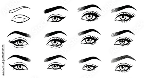 Collection of elegantly shaped eyebrows and eye makeup styles